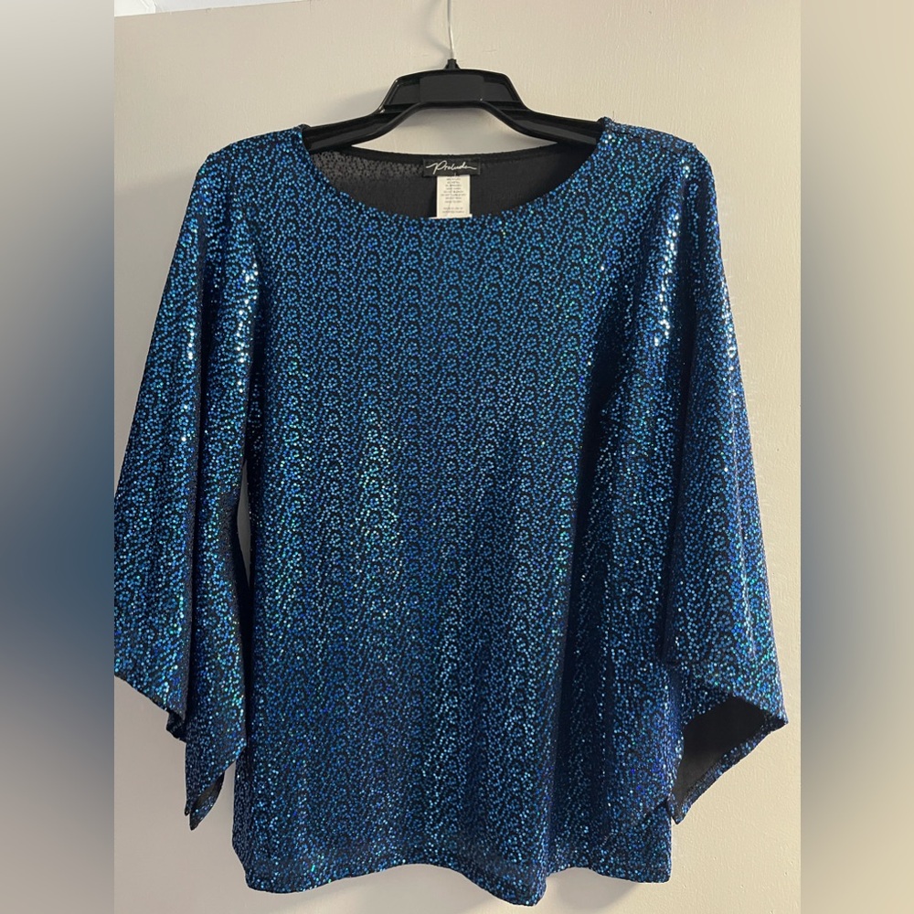 Festive Womens Shirt, sparkly blue and black, size M.